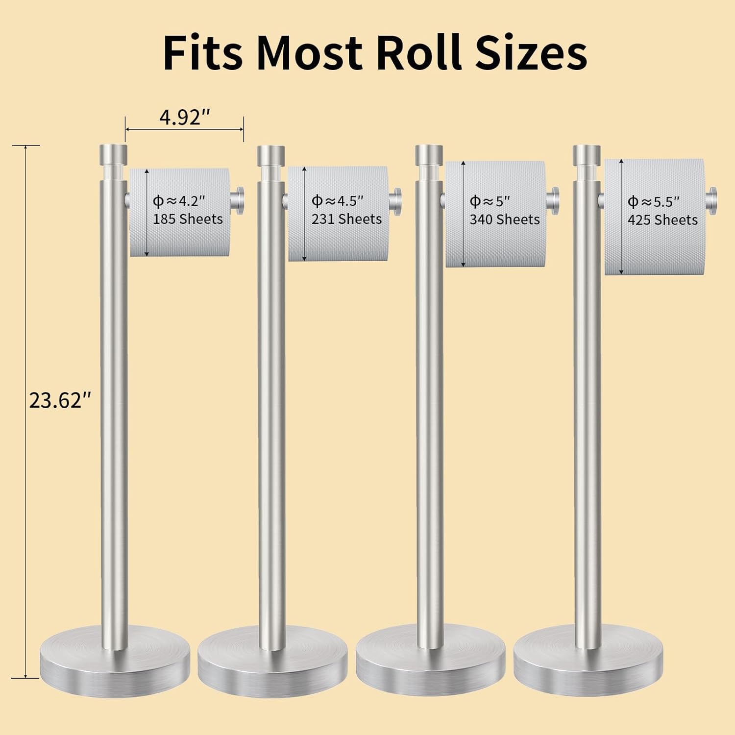 YUMORE Toilet Paper Holder Stand Freestanding, Weighted and Sturdy Brushed Nickel Stainless Steel Design with Non-Slip Cap, Rustproof Tissue Roll Holder for Modern Bathroom, RV