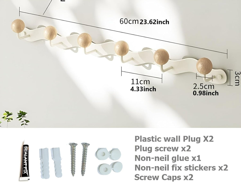 Coat Rack Wall Mount,White Wall Hooks Adhesive & Screw in,Anti-Tear Wooden Ball Hook Rail, Heavy Duty Metal Coat Hanger Wall Mount for Entryway, Bathroom, Bedroom, Kitchen 2PACK(6-tri Hooks)