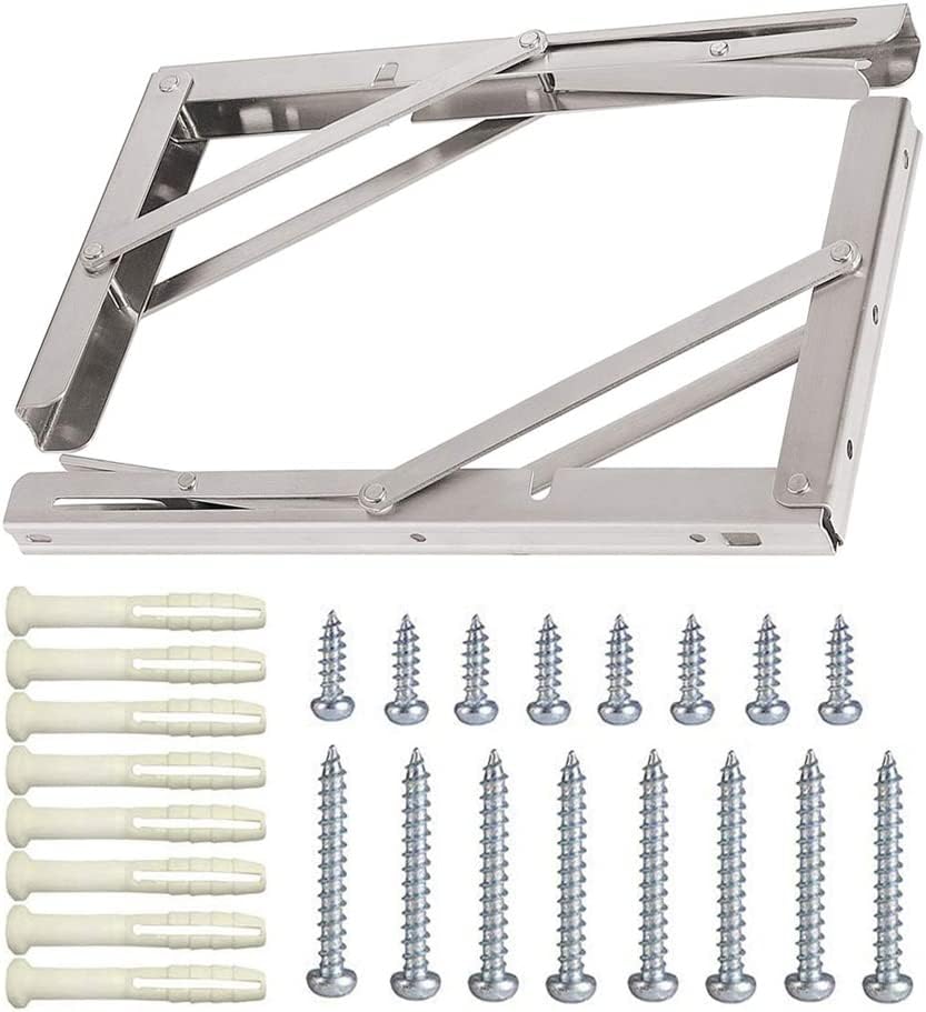 Folding Shelf Brackets, Max Load 300 lb, Heavy Duty Stainless Steel Collapsible Wall Mounted Shelf Brackets for Table, Space Saving DIY Bracket, Pack of 2 (2, 14 Inch)