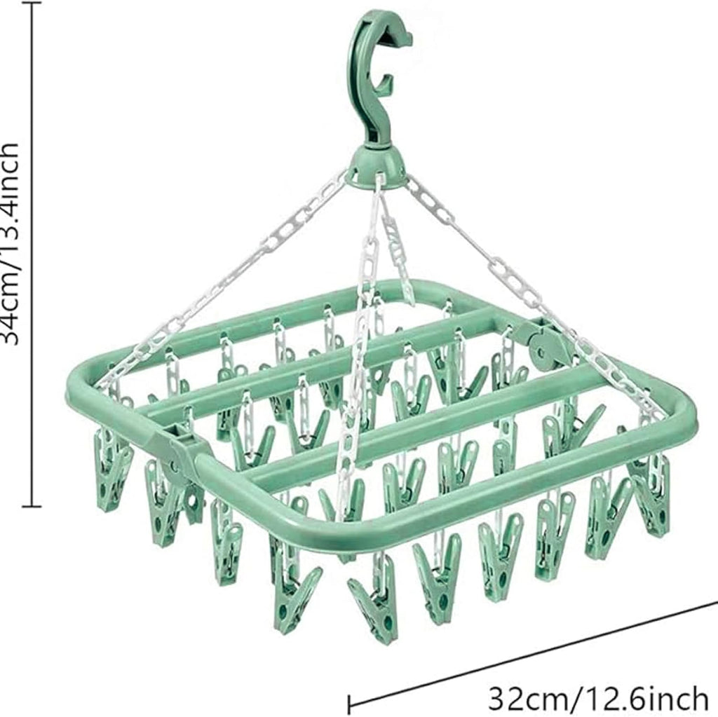Clothes Drying Hanger with 32 Clips and Drip Foldable Hanging Rack (Light Green)