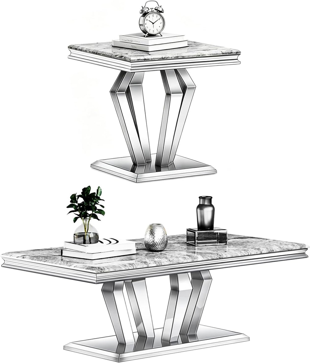 ACEDÉCOR 2 Piece Coffee Table Set with End Table, Modern White and Silver Liv...