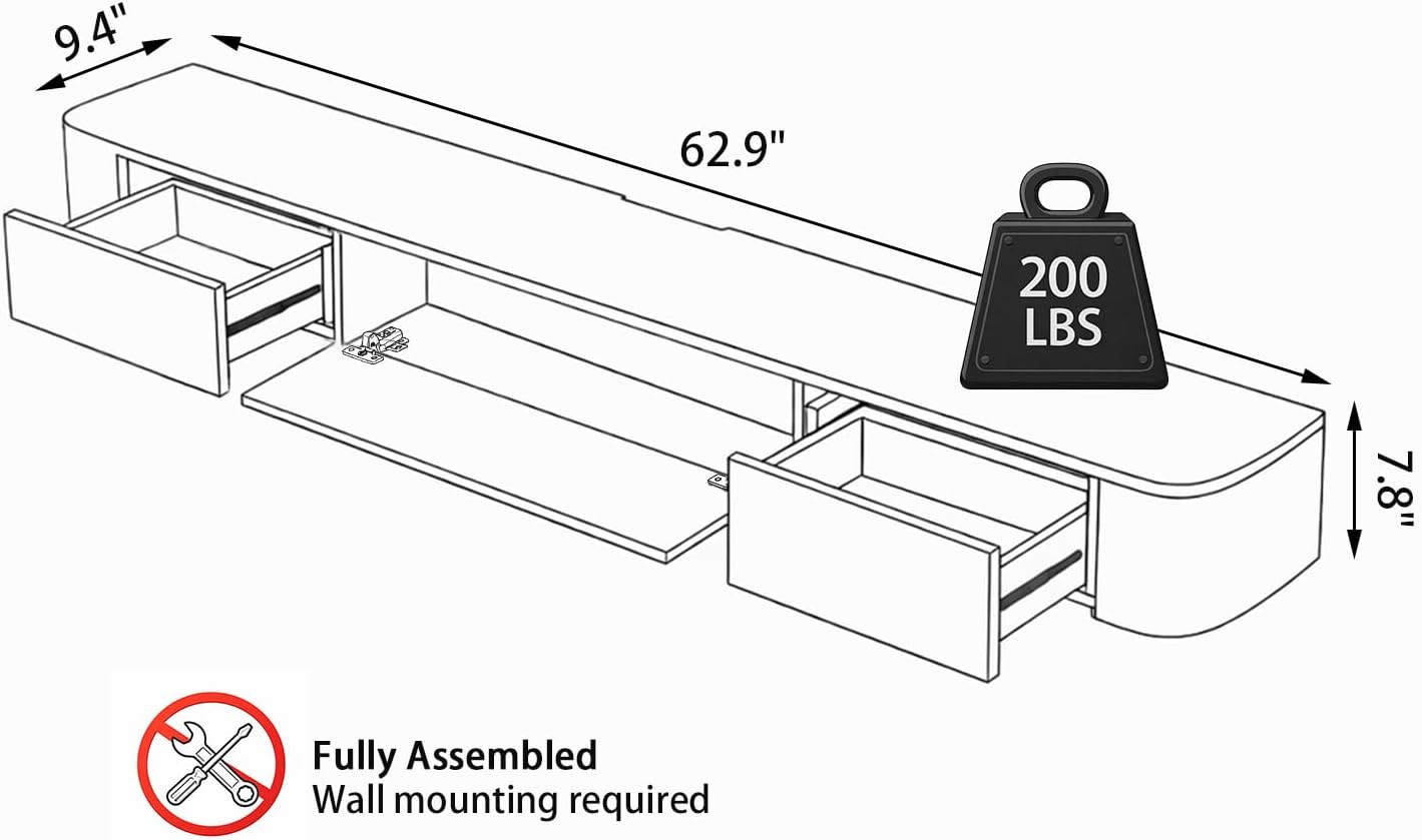 Ribaned Modern Floating TV Stand | Wall-Mounted Entertainment Media Console | Large Storage TV Bench for Living Room & Office (White, 62.9'')