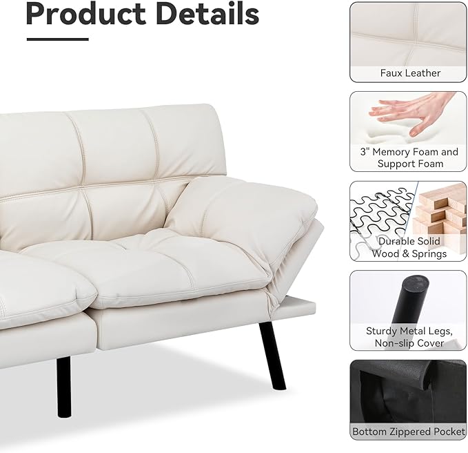 Convertible Faux Leather Sofa Couch,Memory Foam Futon Couch Bed,Small Splitback Modern Loveseat Sleeper Sofa Bed for Living Room, Office, Apartment, Pear White