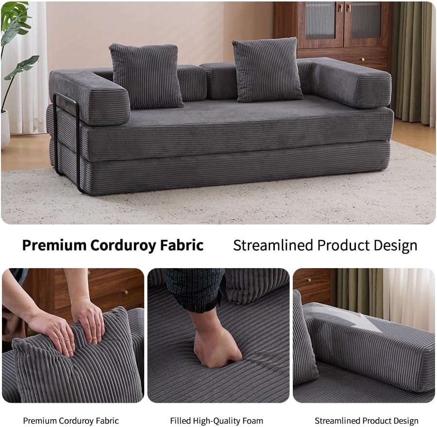 ZEIINPA Convertible Floor Sofa Bed with Fixed-Shape Frame, Modular Corduroy Folding Mattress Couch with Armrest, Floor Sofa Lounge Couch for Living Room Bedroom Lounge Studio,Dark Gray