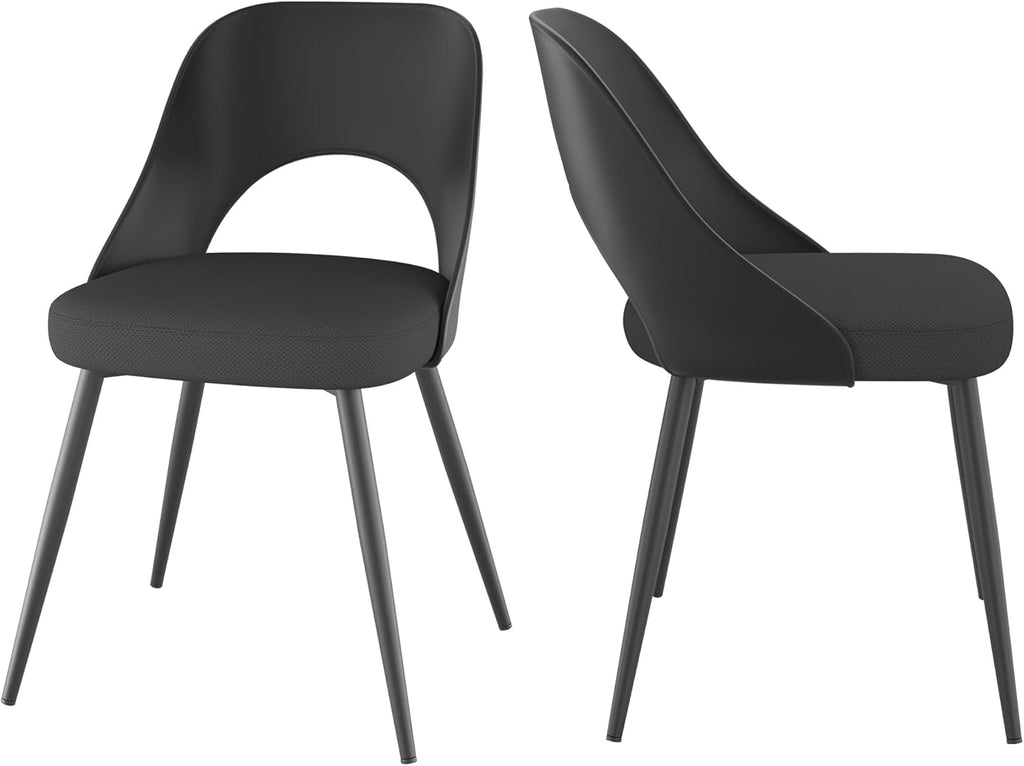 HENGJIANYI Modern Dining Chairs Set of 2, Armless Kitchen Chairs with Hollowed-Out Plastic Back, Upholstered Dining Room Chair with Metal Legs, Black