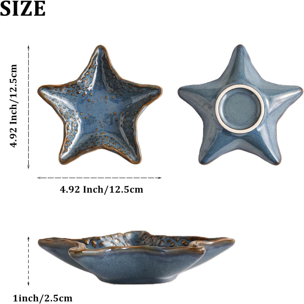 Jewelry Dish Decorative Ring Tray, Ceramic Small Cute Trinket Tray 4.92" | Starfish Shape Aesthetic Jewelry Plate Key Bowl Organizing Necklace Earrings, Home Decor Reactive Glaze Blue