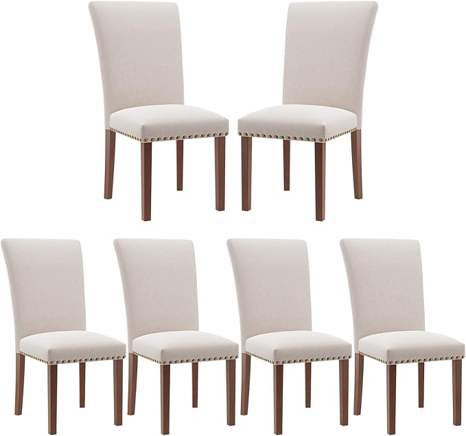 Stylish Dining Chairs Set of 6, Upholstered Parsons Dining Room Chair with Nailhead Trim, Kitchen Room Chair with Thick Cushions and Wood Legs, Nailhead Trim, Beige