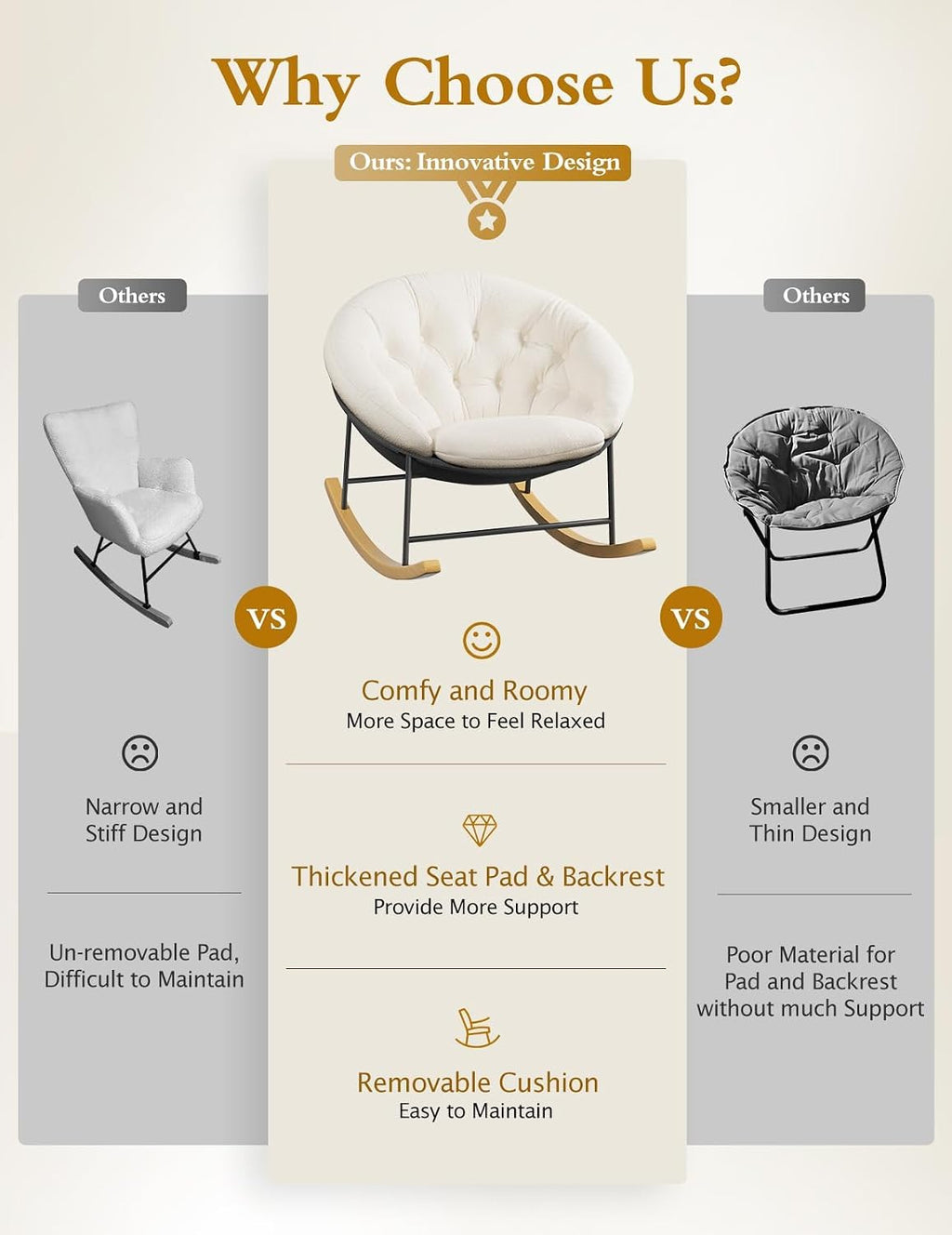 Kidirect Wide Rocking Chair Nursery, Comfy Saucer Nursery Rocking Chairs with Removable Cushion, Indoor Papasan Nursing Chair for Breastfeeding, Mecedora Para Adultos for Living Room & Bedroom (Beige)