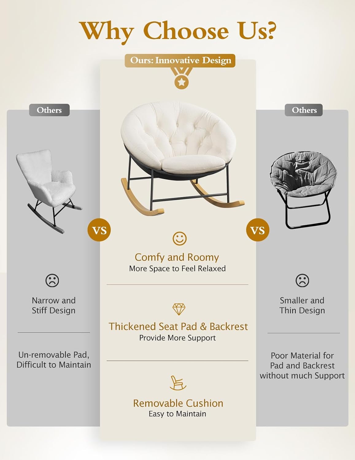 Kidirect Wide Rocking Chair Nursery, Comfy Saucer Nursery Rocking Chairs with Removable Cushion, Indoor Papasan Nursing Chair for Breastfeeding, Mecedora Para Adultos for Living Room & Bedroom (Beige)