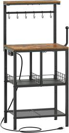 YATINEY Bakers Rack with Power Outlet, Microwave Stand with Paper Holder, Coffee Bar Station with Wine Glass Holder, 4-Tier Kitchen Storage Rack for Dining Room, Living Room, Rustic Brown HB02UBR