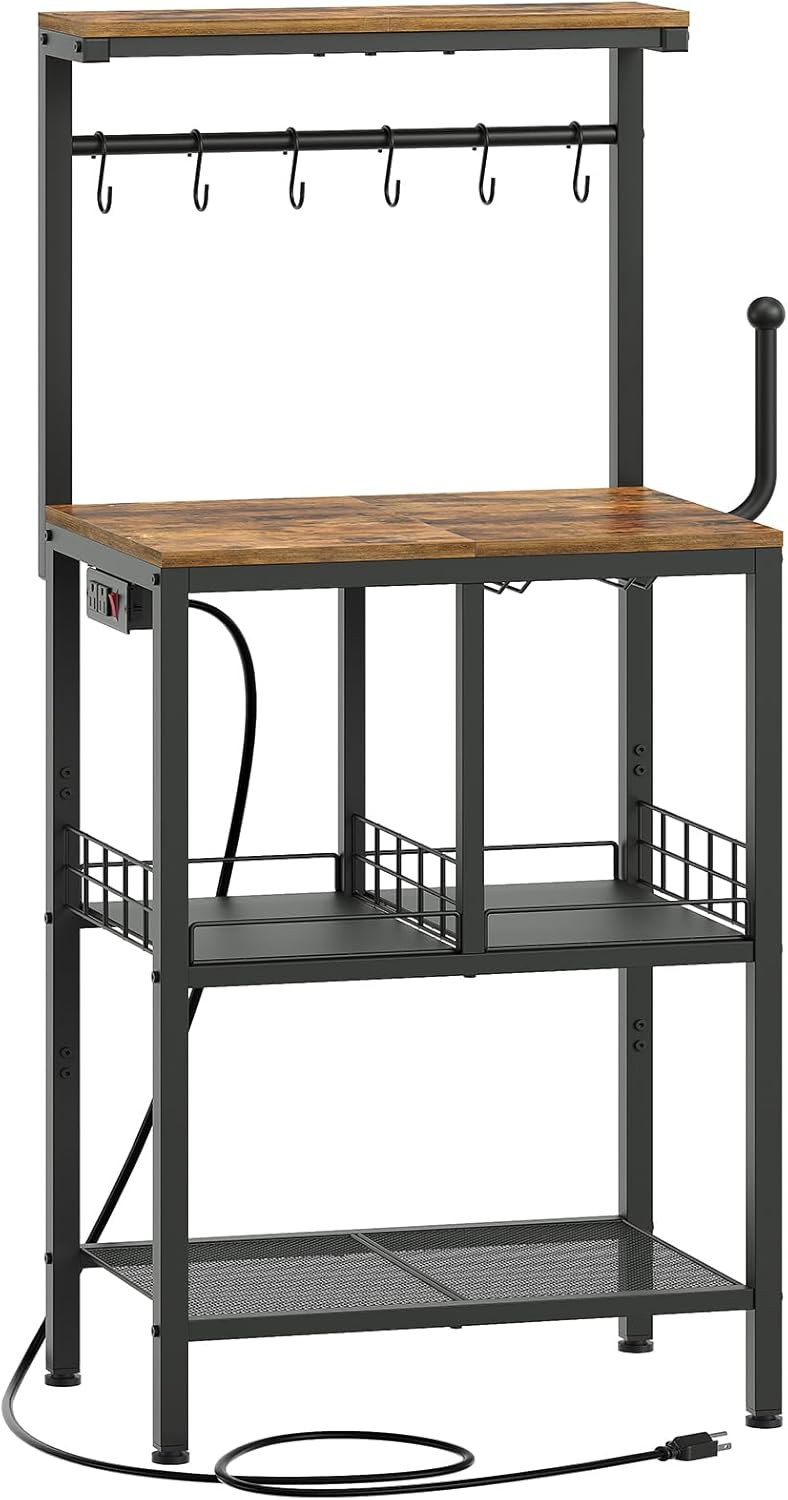 YATINEY Bakers Rack with Power Outlet, Microwave Stand with Paper Holder, Coffee Bar Station with Wine Glass Holder, 4-Tier Kitchen Storage Rack for Dining Room, Living Room, Rustic Brown HB02UBR