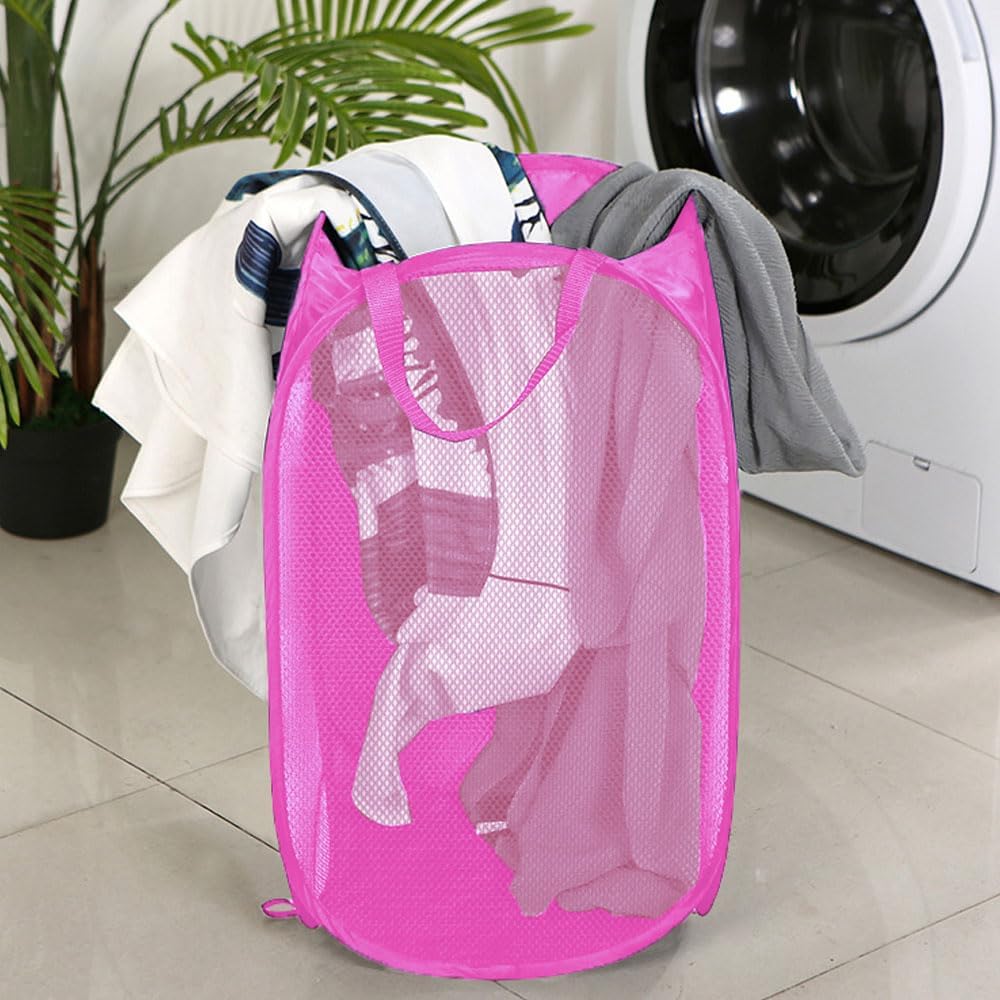 Larpur 2Pack Foldable Popup Laundry Basket, Collapsible Portable Mesh Clothes Washing Laundry Hamper with Reinforced Carry Handles (Pink)