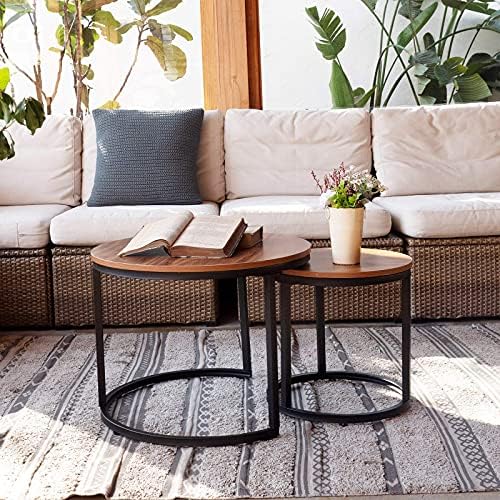 aboxoo Coffee Table Nesting Side Round Set of 2 End Table Top Sturdy Metal Fr...