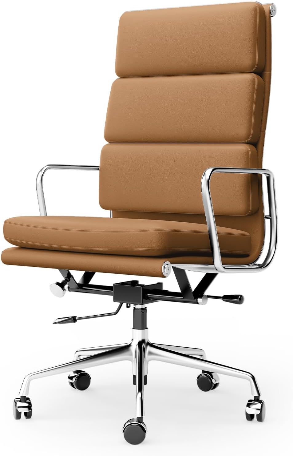 Genuine Leather Office Chair, Padded Executive Desk Chair with Arms, Wheels, Lumbar Support, Aluminum Base (Light Brown, High-Back)