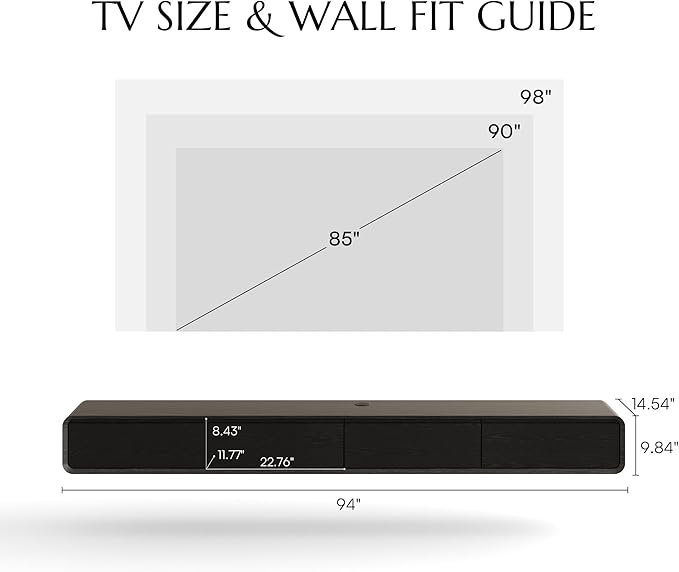 POVISON Fully-Assembled Minimalist Floating TV Stand, Modern Wall-Mounted Entertainment Center with 4 Flip-Down Cabinet Doors, Solid Wood Media Console, Black Oak, 94"