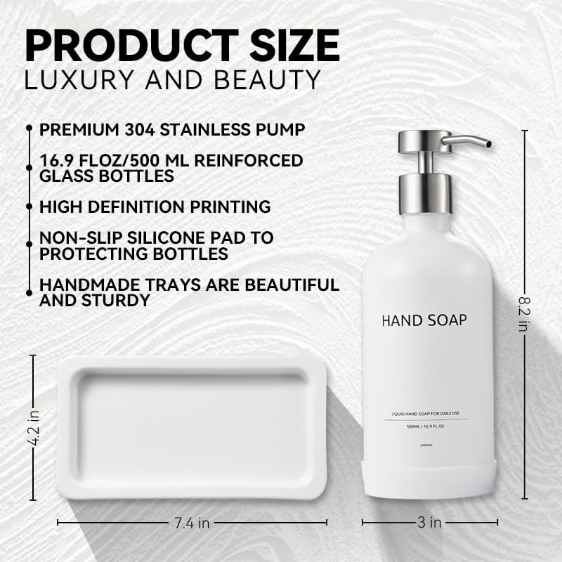 Glass Kitchen Soap Dispenser Set with Ceramic Tray,16.9 floz Hand and Dish Soap Dispenser for Kitchen and Bathroom Decor (White Bottles + Silver Pumps)