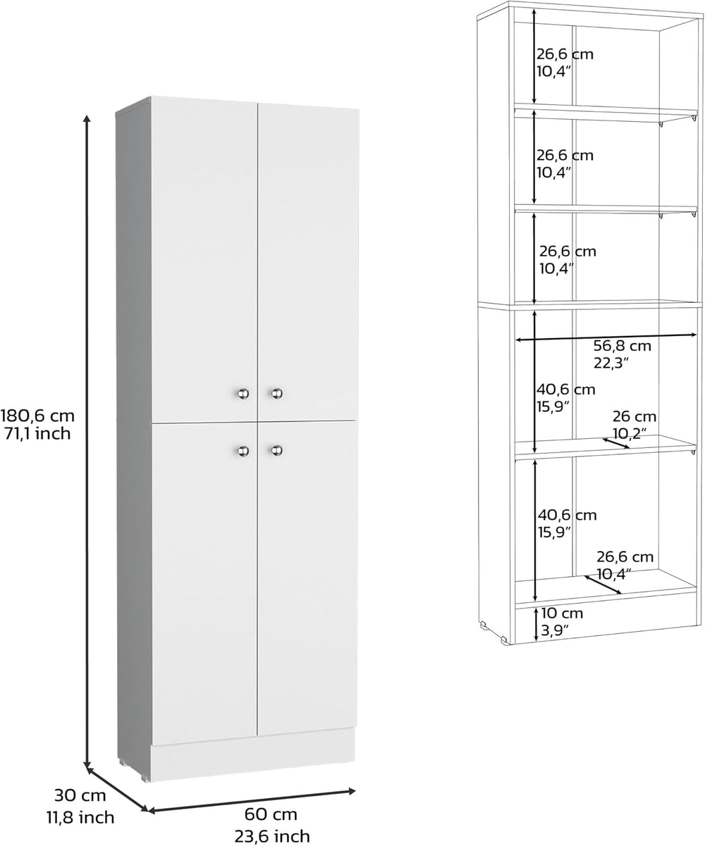 71" Tall Pantry with 4 Doors & 5 Adjustable Shelves - White - Ideal ...