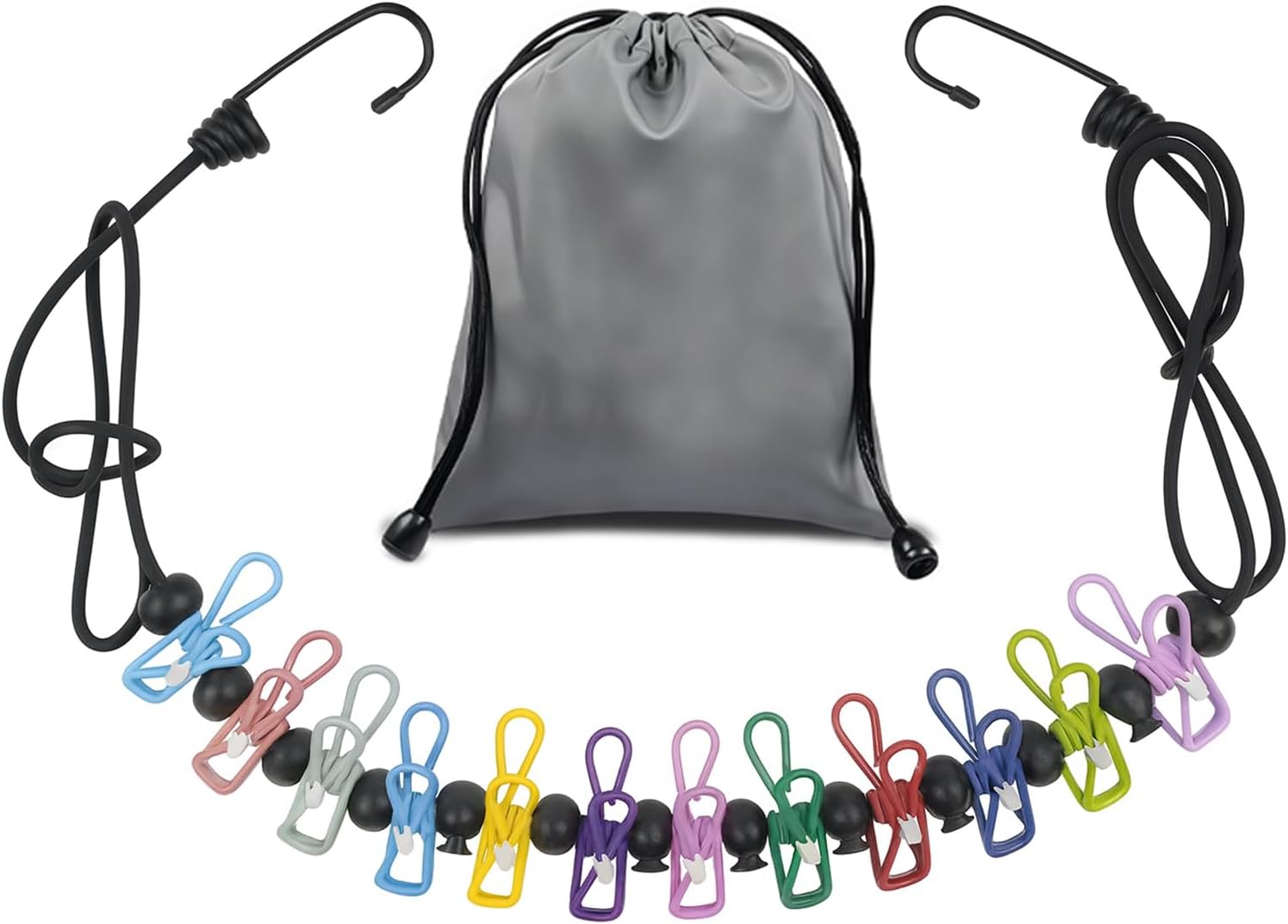 Travel Clothesline Retractable Portable Clothesline with 12 Clips Portable Elastic Camping Clothes Line with Anti-Slip Beads & Stainless Hooks for Hotel, RV, Boat, Outdoor Use (1 Pack)