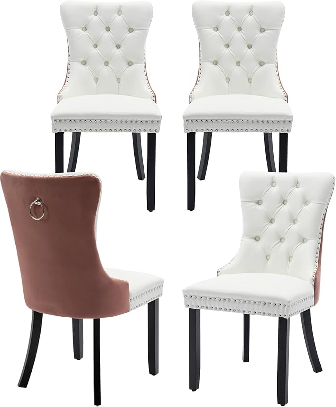 Velvet Dining Chairs Set of 4, High-end Tufted Upholstered Dining Chair with Ring Pull and Solid Wood Legs, Modern Dining Room Chairs for Dining Room, White PU & Pink Velvet