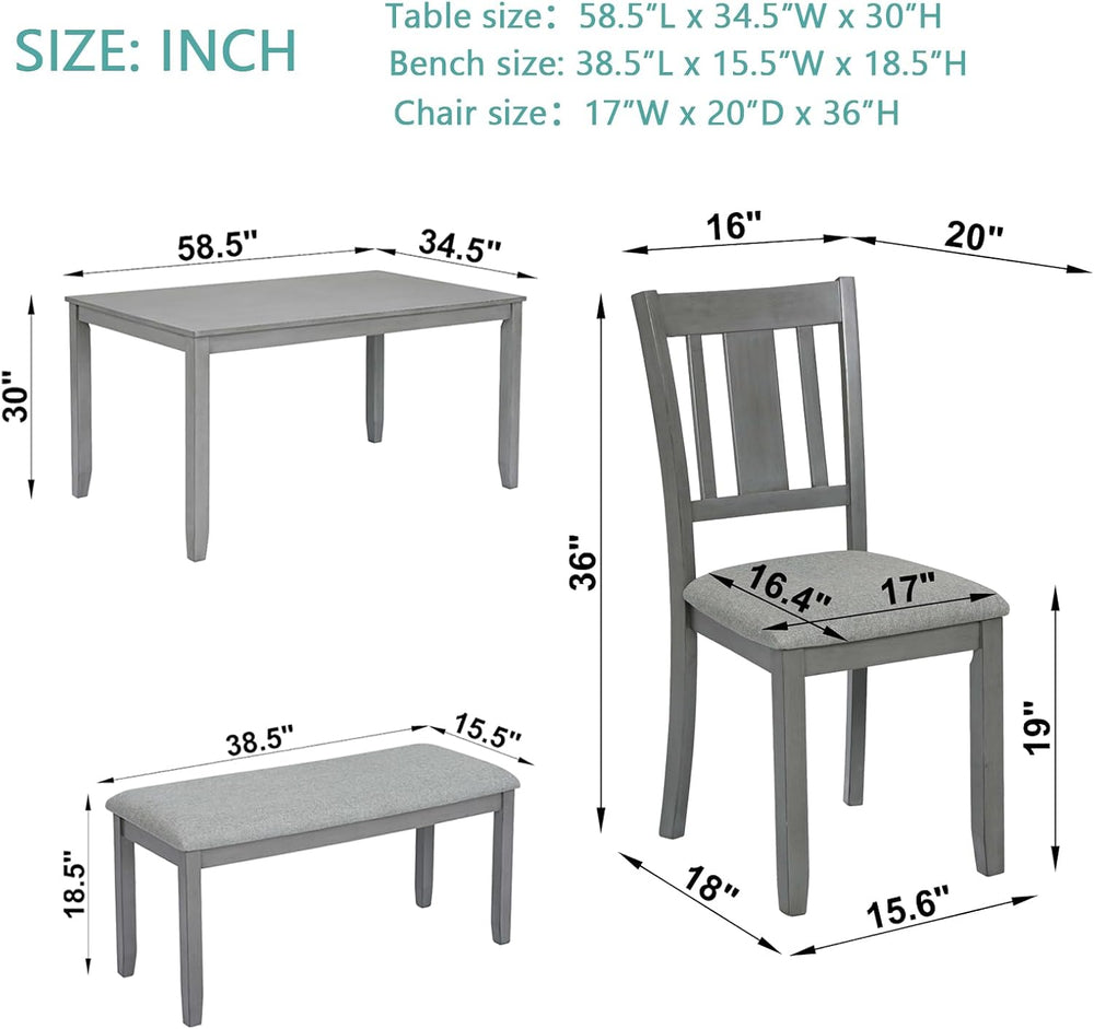 KEIKI 6-Piece Standard Height Dining Table Set with Rectangular Table, 4 Upho...