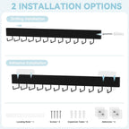 Tie Rack Wall Mount, Adhesive Wooden Closet Tie Hanger with 24 Metal Hooks, Large Capacity, 2 Installation Options, Black, 2 Pcs