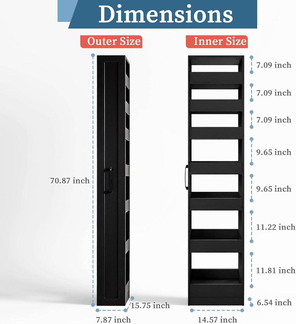 JOYSOURCE Narrow Rolling Storage Cart 8 inch Pull-Out Rack Black Pantry | 71&...