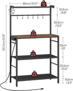 MAHANCRIS Bakers Rack with Power Outlet, Kitchen Storage Shelf with 6 Hooks, Microwave Stand with Storage, 4-Tier Coffee Bar Station, for Kitchen, Dining Room, Rustic Brown and Black BRHR351E01