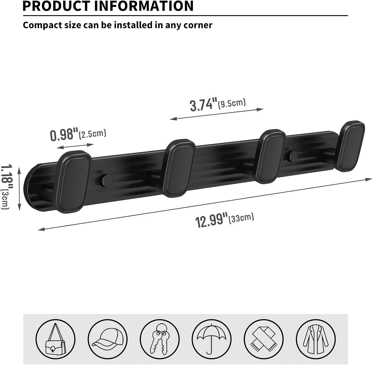 Coat Rack Wall Mount Black, 4 Hooks Rack Metal Coat Hanger Wall for Hanging Hat Purse and Robes, Towel Hook for Bathrooms and Entryway (1 Pack)