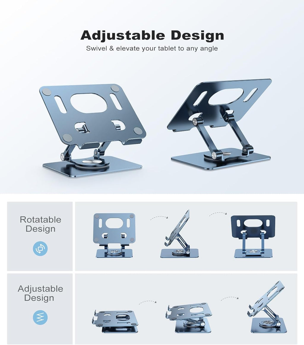 Swivel Tablet Stand with 360 Rotating Base, Adjustable Holder for Drawing, Compatible with iPad Pro/Air/Mini and More (Blue)