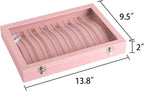 Frebeauty 15 Hooks Necklace Tray Velvet Neckalce Organizer with Clear Lid Lockable Necklace Holder Box Jewelry Organizer for Pendants Chains Necklace Jeweley Tray for Women Girls(Pink)