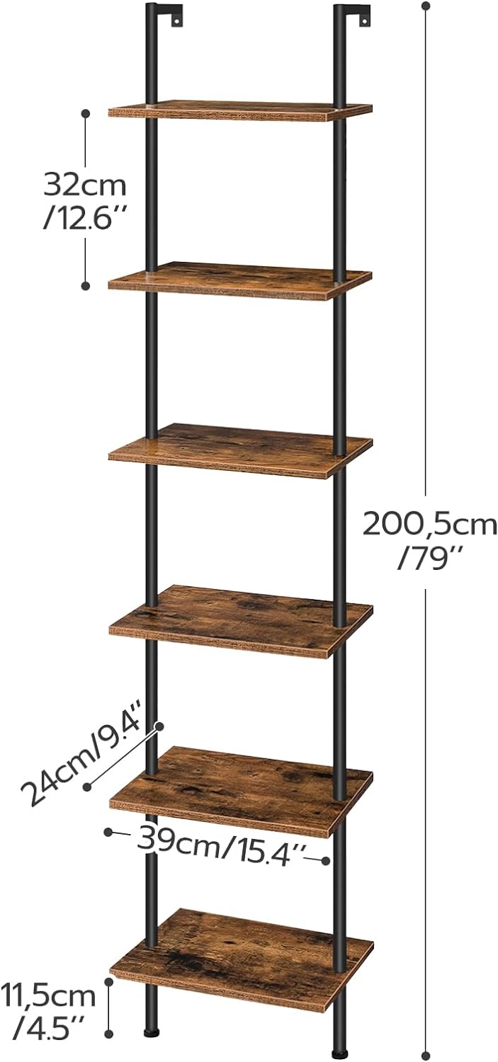 HOOBRO DIY Ladder Shelf, 6-Tier Wooden Wall Mounted Bookshelf, Narrow Bookcas...