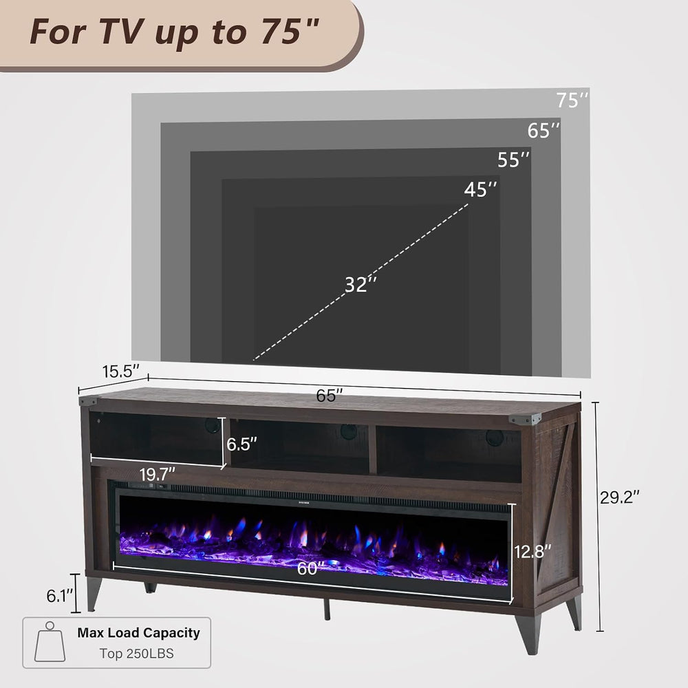 LUXOAK 65" Farmhouse TV Stand with 60" Electric Fireplace for TVs u...