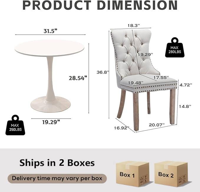 3-Pieces 31.5" Round Dining Table Set for 2, White Dining Table & Linen Upholstered Dining Chairs Set of 2 for Kitchen Dining Room Apartment Small Space(Beige Linen Chairs)