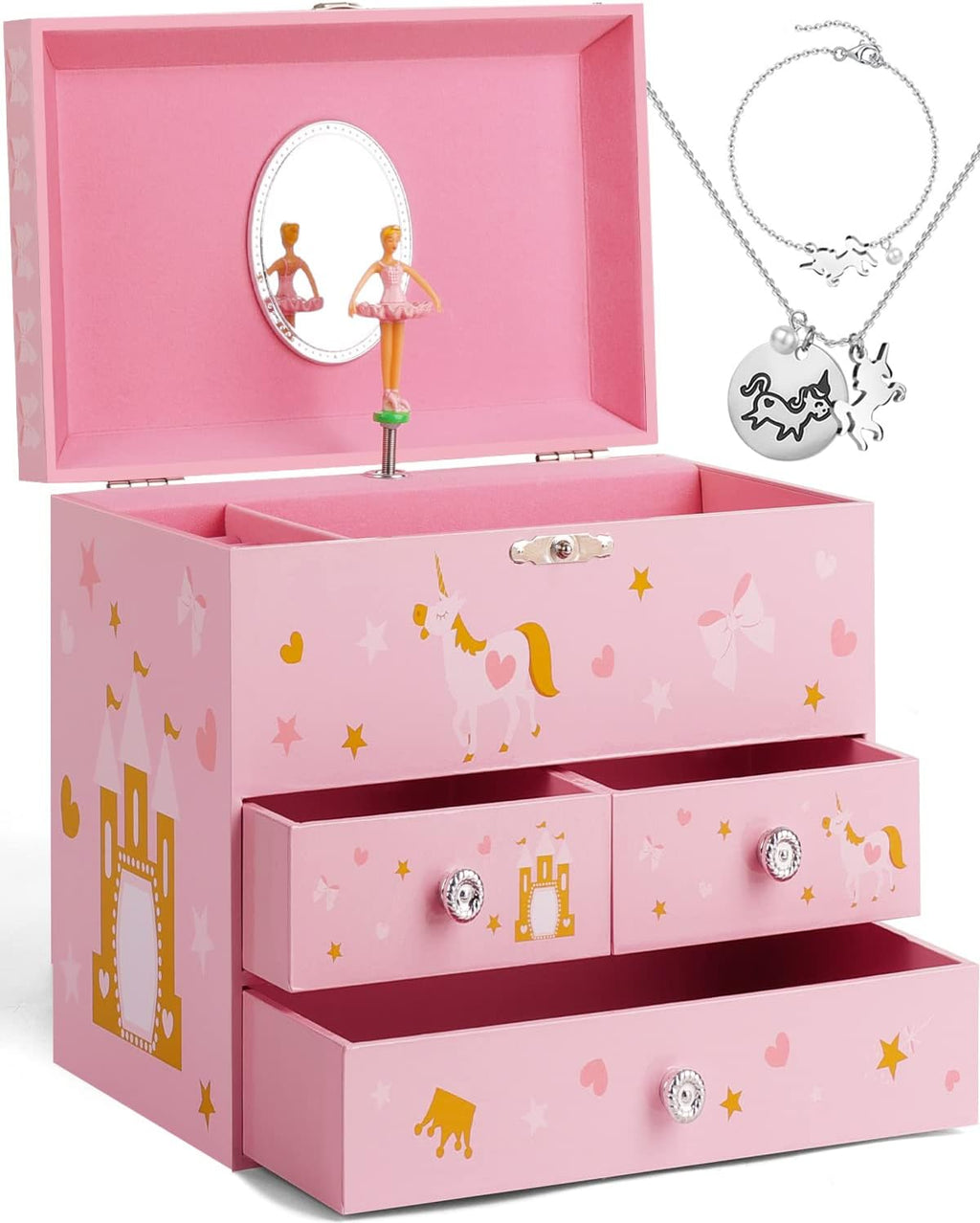 Musical Jewelry Box for Girls 8.07 x 5.12 x 6.14 with 3 Pullout Drawers Spinning Ballerina & Unicorn Jewelry Set, Music Boxes for Birthday Valentine Christmas Gift Waltz of Flowers Tune