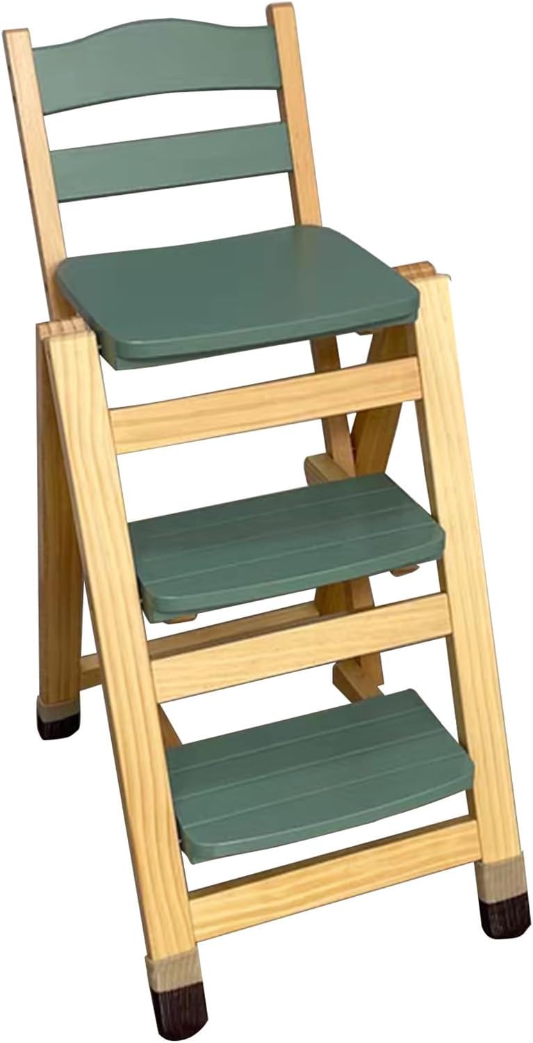Folding Bar Stool, 3 Step Portable Adults Solid Wood Ladder Stool, Green | 3 ...