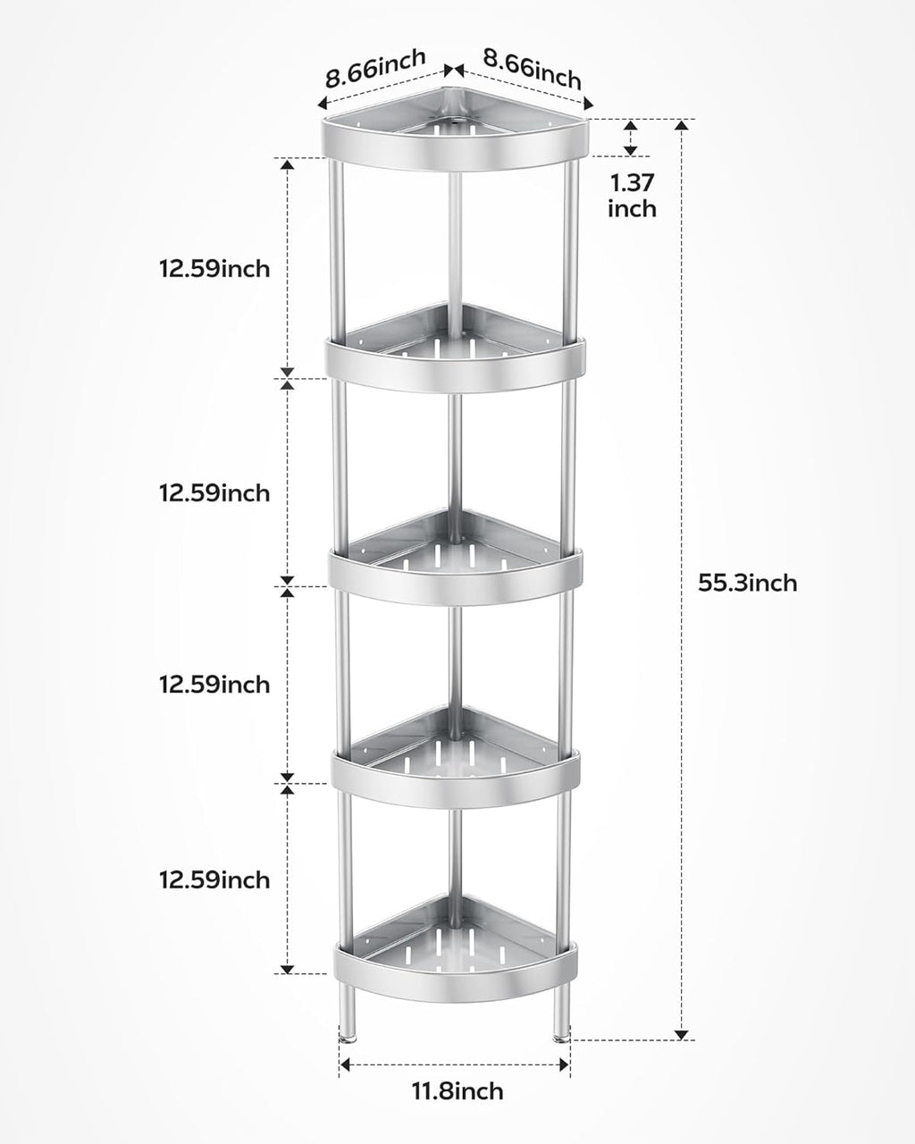Nieifi Corner Shower Caddy Stand-5 Tier Rustproof Anodized Aluminum Standing Shower Organizer-Shower Caddy Corner-Dual Stability to Anti-Shaking-Height-Adjustable Legs for Uneven Surfaces-Silver