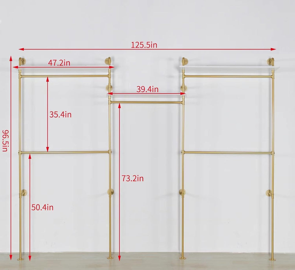 Industrial Pipe Clothing Rack Wall Mounted 5 Hanging Rods Garment Bar with Storage Shelf, Heavy Duty Metal Clothes Racks Closet System for Hanging Clothes Retail Display (Gold)