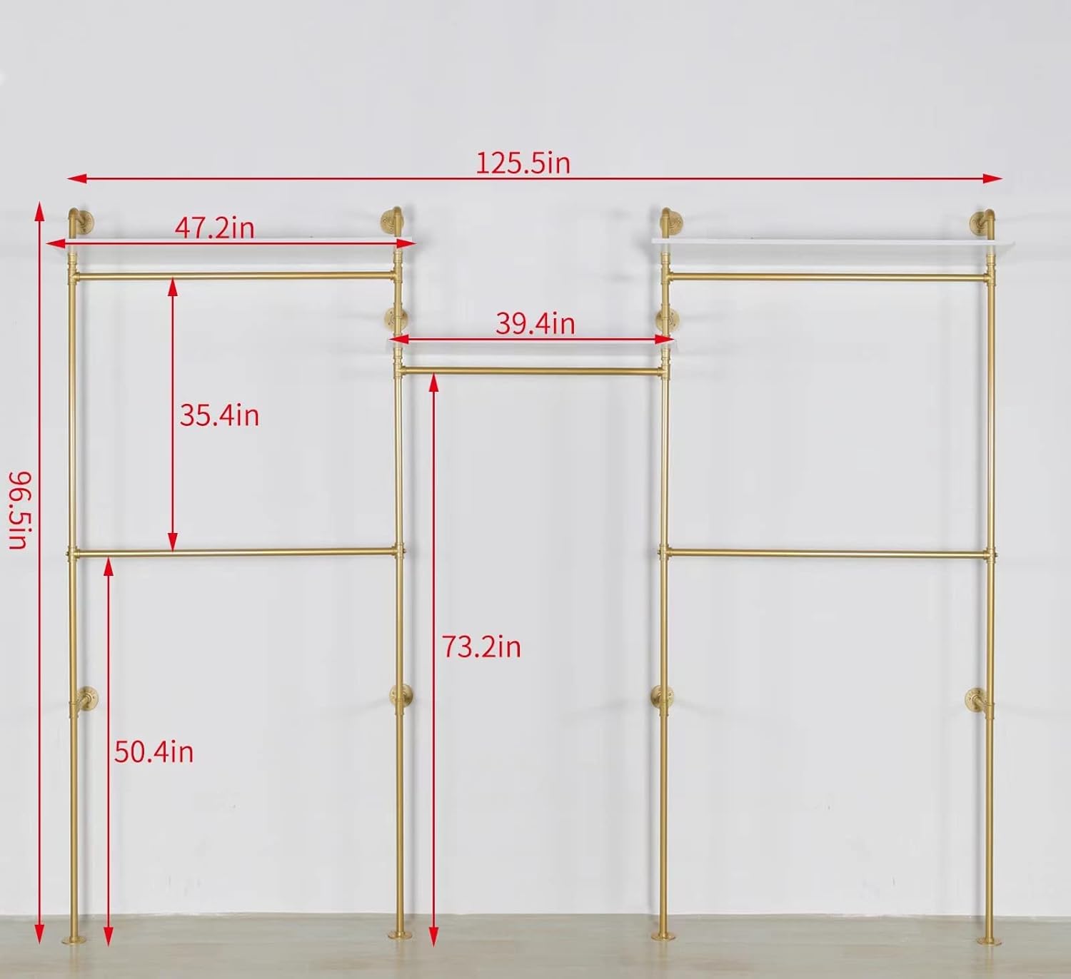 Industrial Pipe Clothing Rack Wall Mounted 5 Hanging Rods Garment Bar with Storage Shelf, Heavy Duty Metal Clothes Racks Closet System for Hanging Clothes Retail Display (Gold)