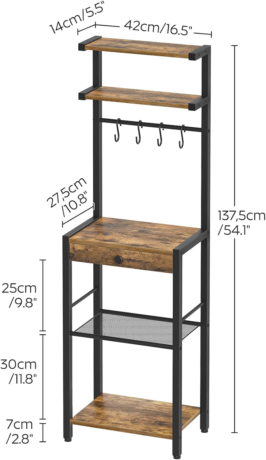 YATINEY Bakers Rack, 5-Tier Coffee Bar Station, Coffee Stand with Pod Drawer Holder, Versatile Kitchen Storage Rack with 4 Hooks, for Living Room, Cafe Corner, Rustic Brown and Black KF01BRY1