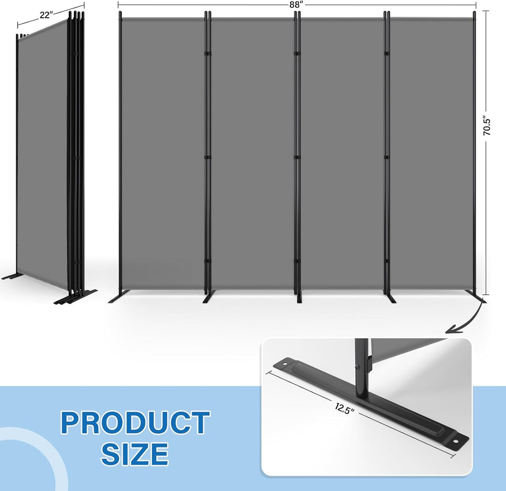 AKTOP 4 Panel Room Divider, 88" W x 6FT Fabric Folding Privacy Screen, Grey