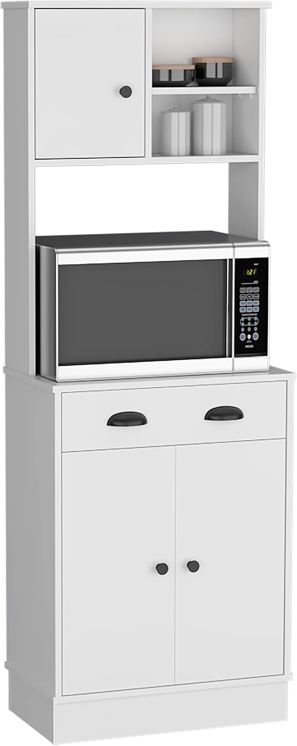 White 3-Door Kitchen Cabinet with Drawer & Microwave Space - Small Kitche...
