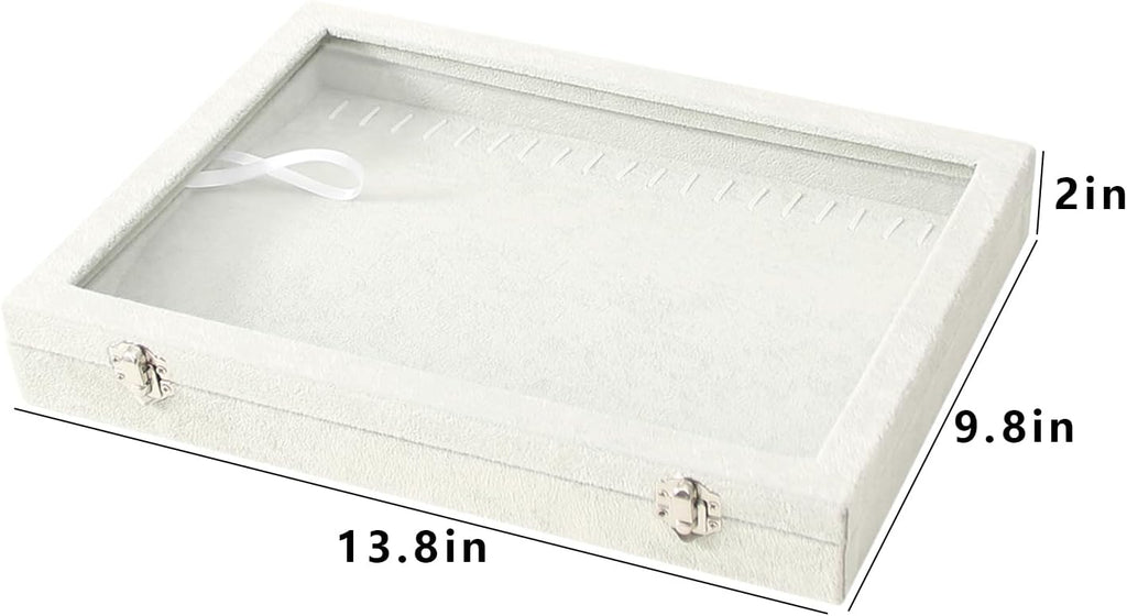 Coward 20 Hooks Necklace Organizer Jewelry Box, Grey Beige Velvet Necklace Display Tray Case with Transparent Glass Lid for Home Use or Store Selling Show