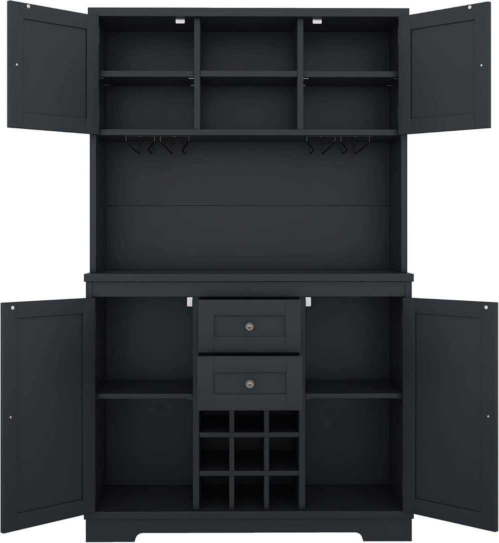 Coffee Bar Cabinet with Storage, 9-Grid Wine Rack & Drawers, Farmhouse Ki...