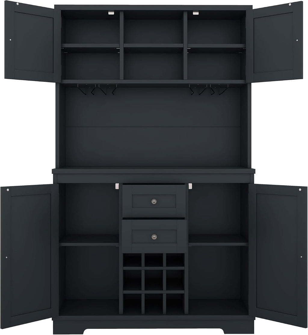 Farmhouse Kitchen Buffet Cabinet with Storage, Dark Blue Food Pantry Organizer with Wine Racks, Glass Shelves & Drawers for Dining Room