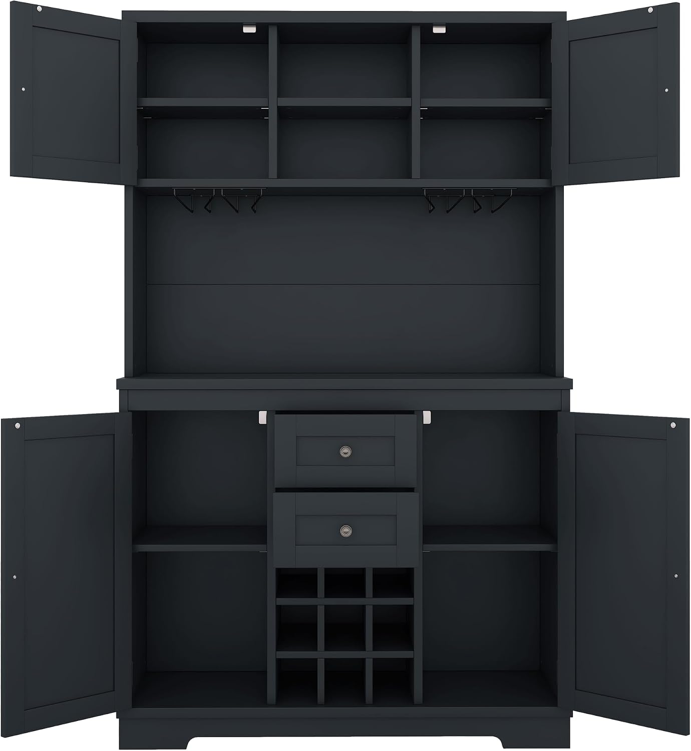 Farmhouse Kitchen Buffet Cabinet with Storage, Dark Blue Food Pantry Organizer with Wine Racks, Glass Shelves & Drawers for Dining Room