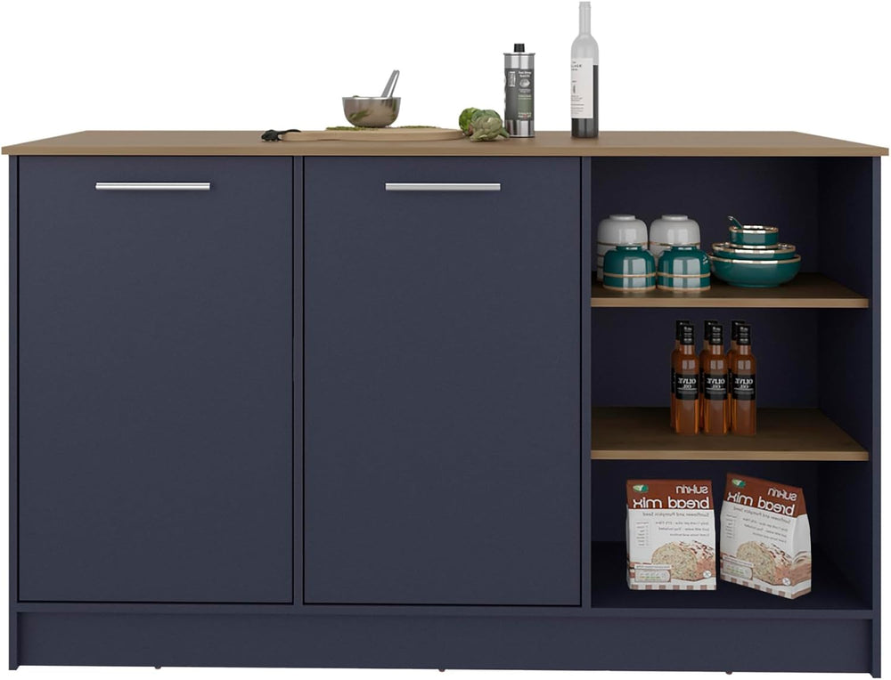 Kitchen Island with 2 Doors and 7 Shelves Alby Blue/Natural Oak | Dual-tone f...