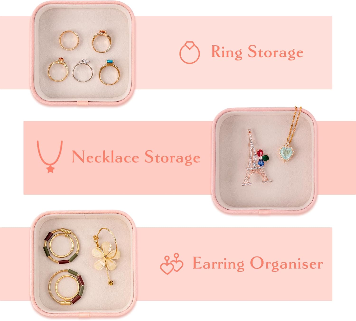 SANQIANWAN Set of 3 Small Stackable Jewelry Organizer Trays Mini Jewelry Drawer Oragnizer Small Jewelry Display Tray for Necklace Bracelet Rings Earrings and Makeup (LightPink)