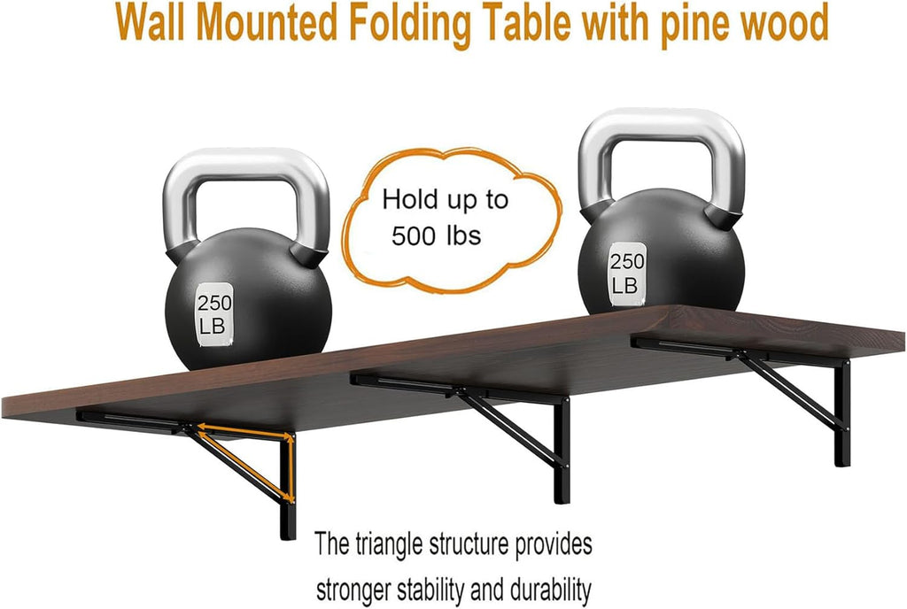 IAE Floating Wall Mounted Folding Table Desk with Pine Wood,60" x 22" Foldable Workbench,Fold Down Wall Mounted Foldable Desk with Shelf Brackets,Laundry Folding Table for Home,Dining,Kitchen,Brown