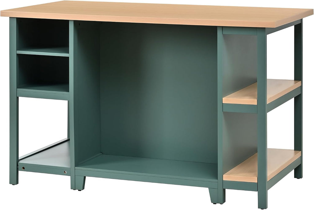 Christopher Knight Home Aaron 58" Kitchen Island with Storage, Modern Island Table for Kitchen, Storage Cabinet with Open Shelves, Wooden Kitchen Prep Table, Coffee Station Cabinet, Green+Natural