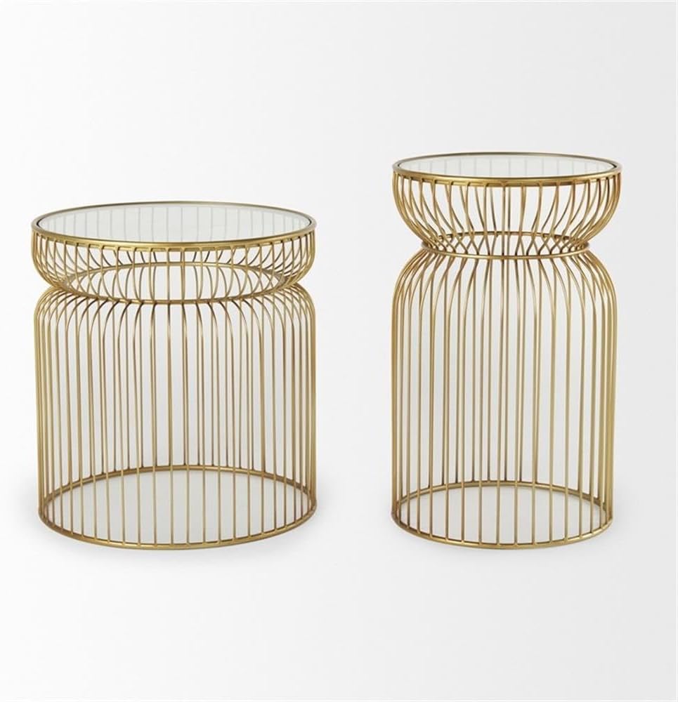 Pemberly Row Set of 2 Round Metal Accent Tables, Gold Cage-Like Base, Tempere...